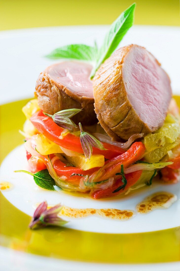 Pork filet mignon and vegetable timbale