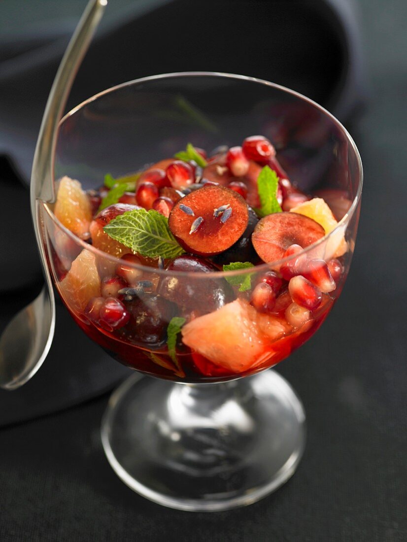 Cherry, grapefruit and pomegranate fruit salad with lavander