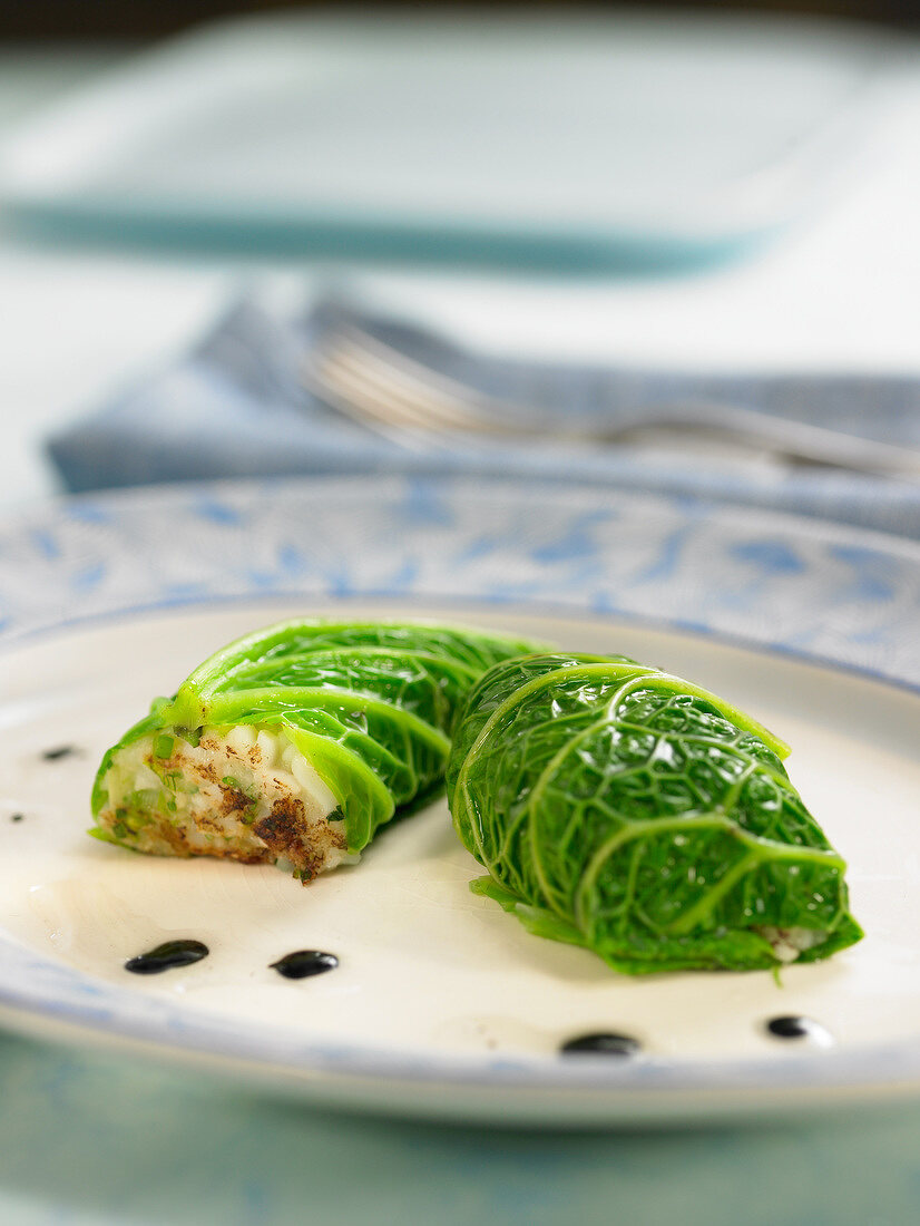 Cabbage leaves stuffed with squid, leeks and onions