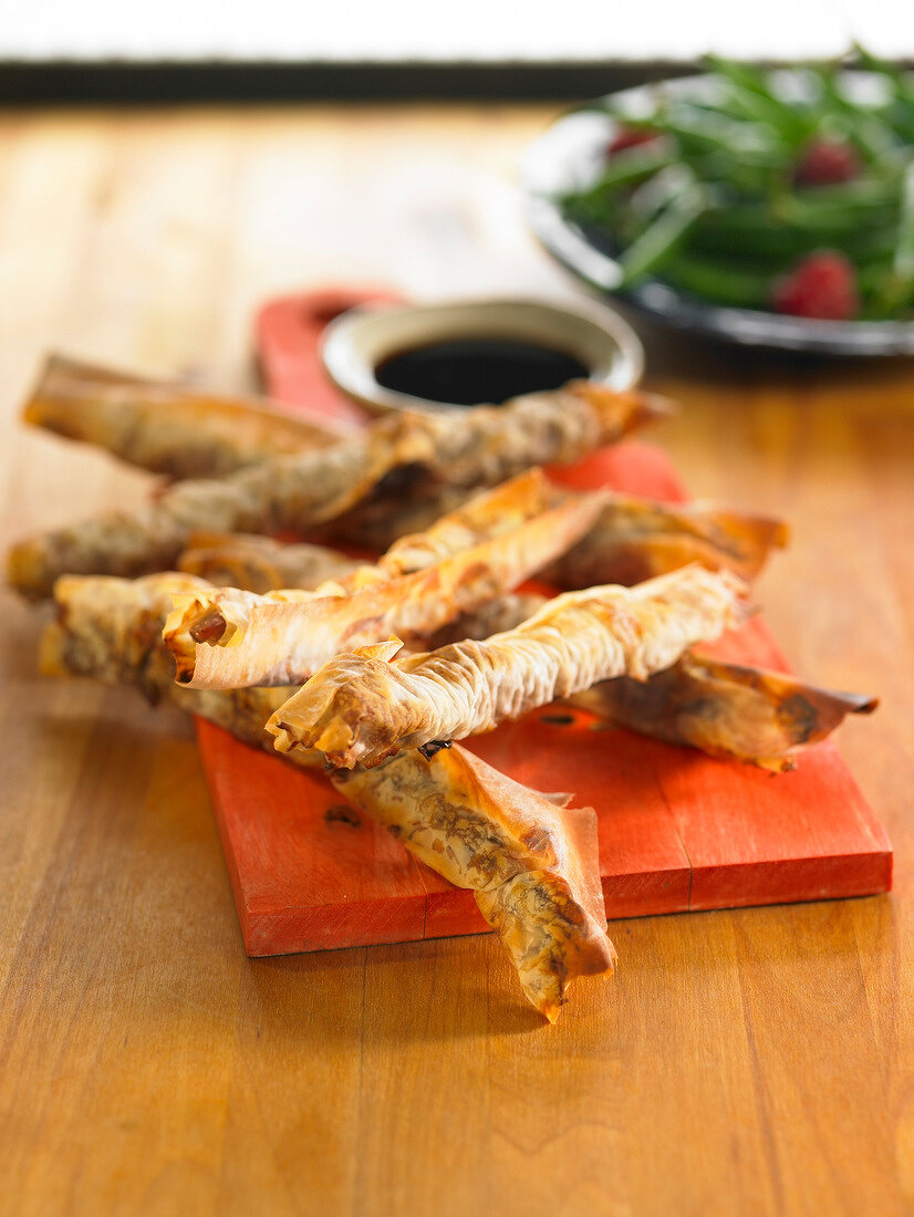 Duck Magret cigars with soya sauce