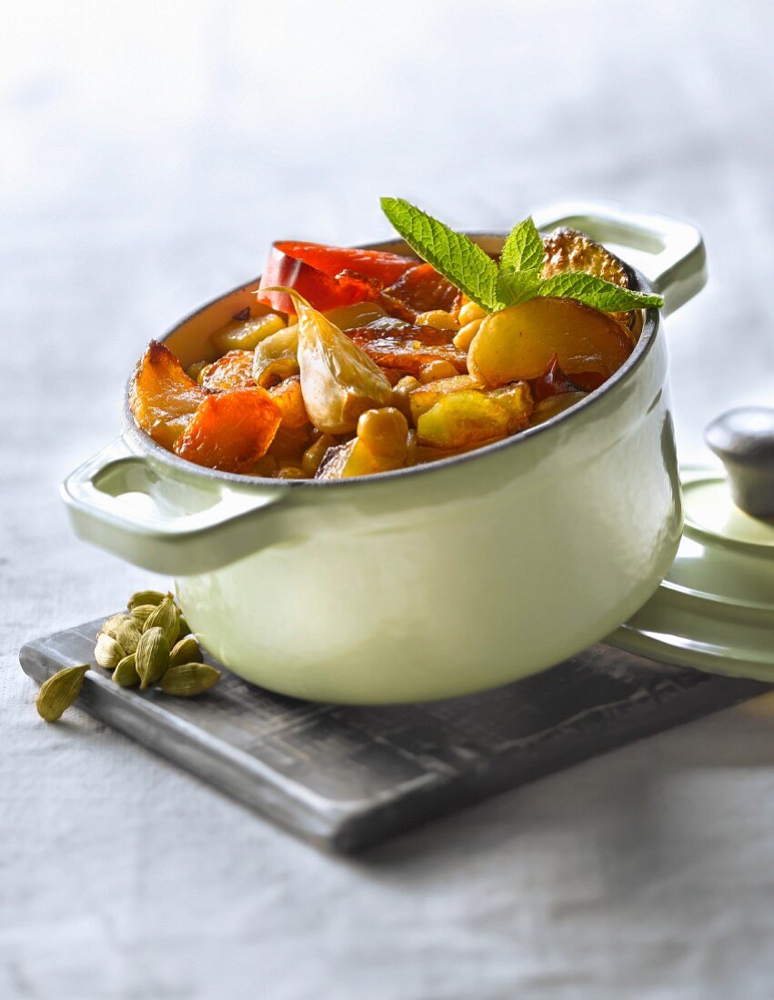 Small casserole dish of vegetables with cardamom