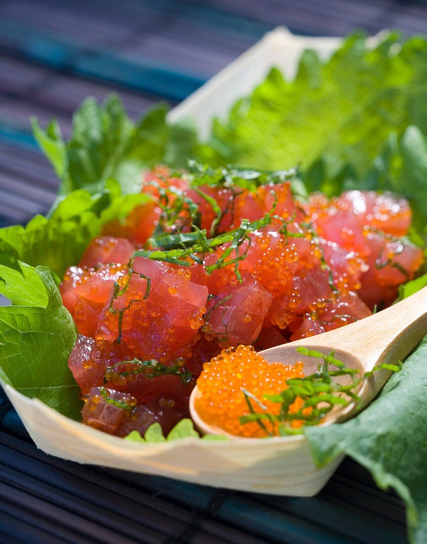 Salmon Tartare with mint and salmon roe