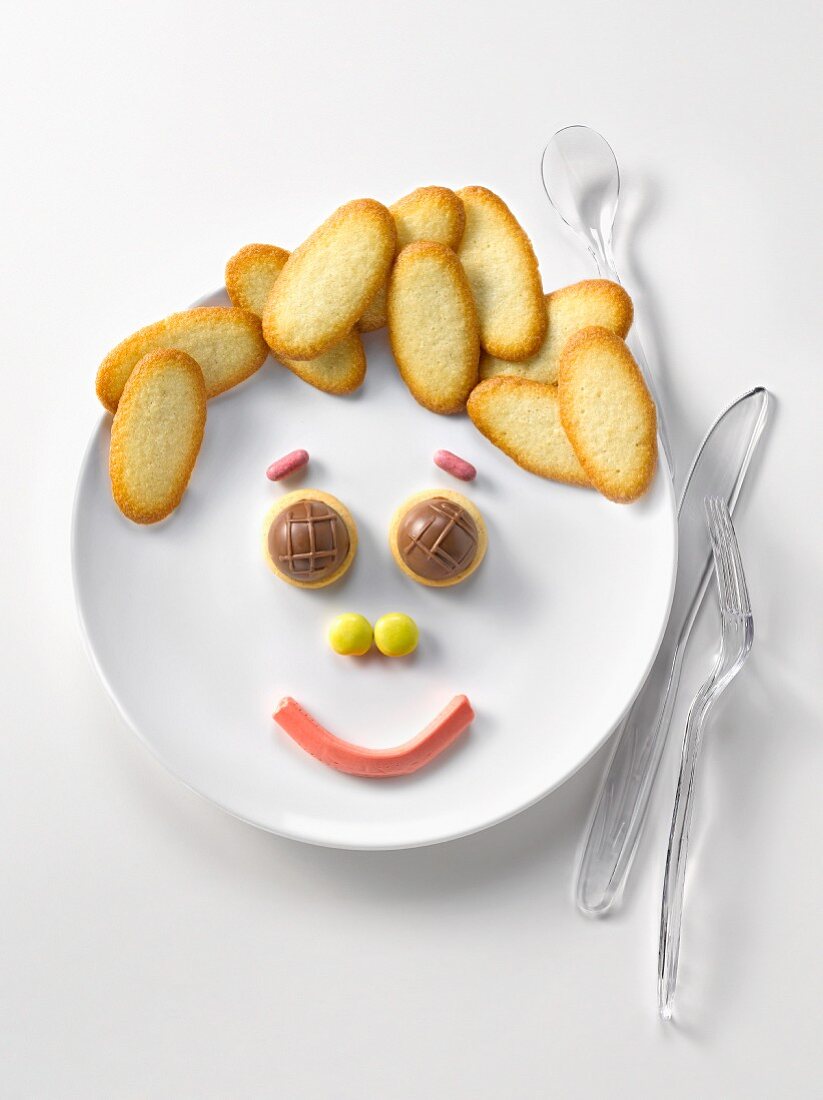 Plate of Langues de chat biscuits and candies in the shape of a happy face