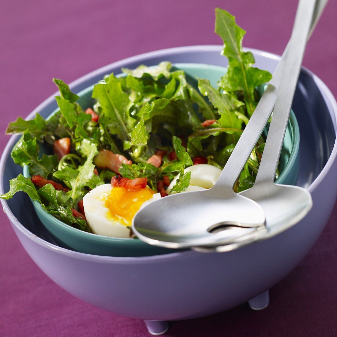 Dandelion and diced bacon salad with a soft-boiled egg