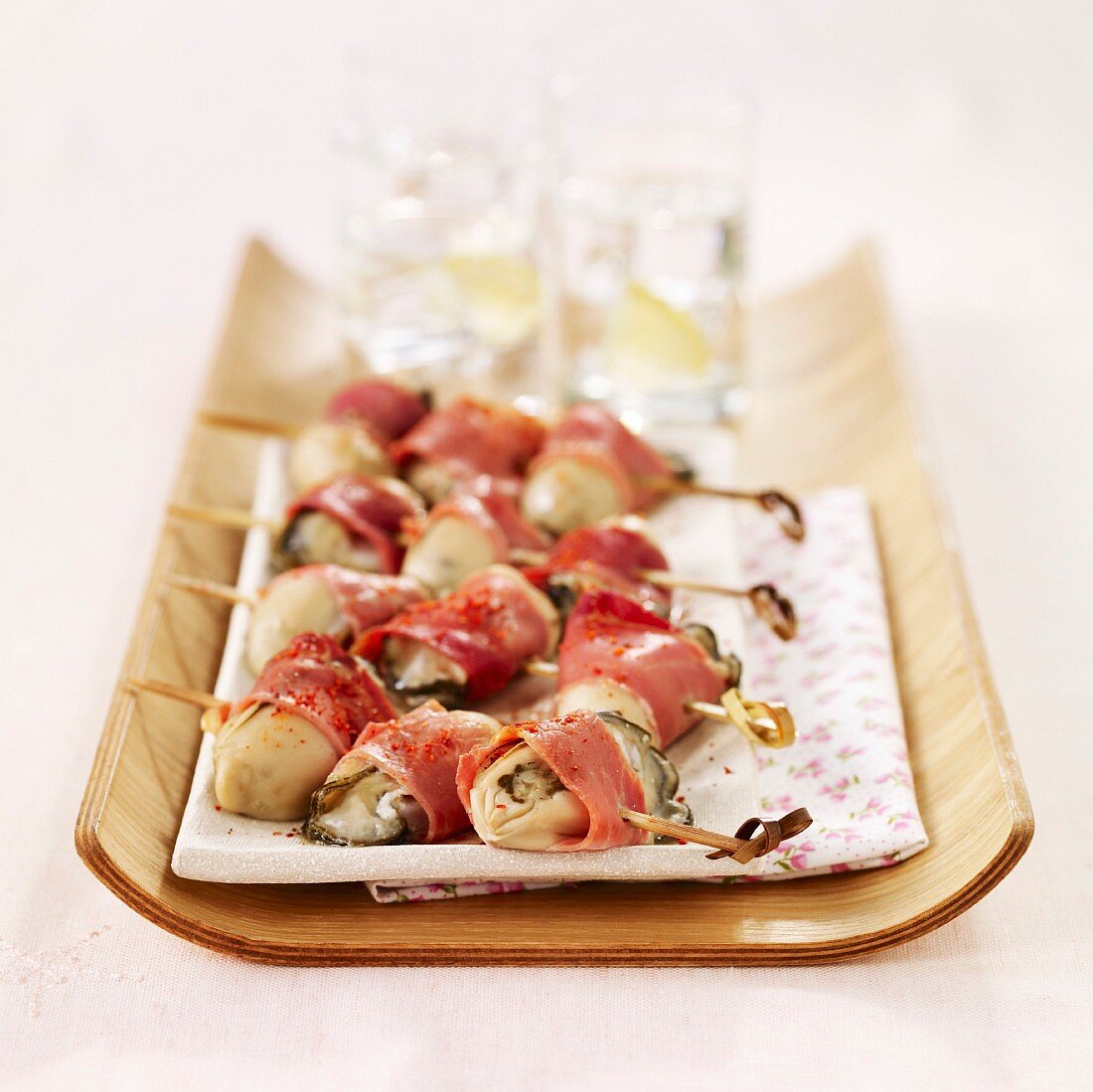 Oyster and Bayonne ham brochettes