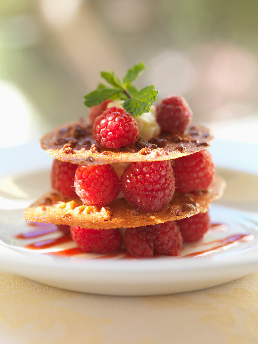 Knuspriges Schichttörtchen mit Himbeeren