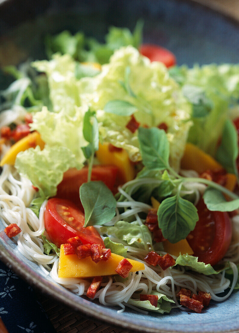 Salat mit Mango, Chorizo und Udon-Nudeln