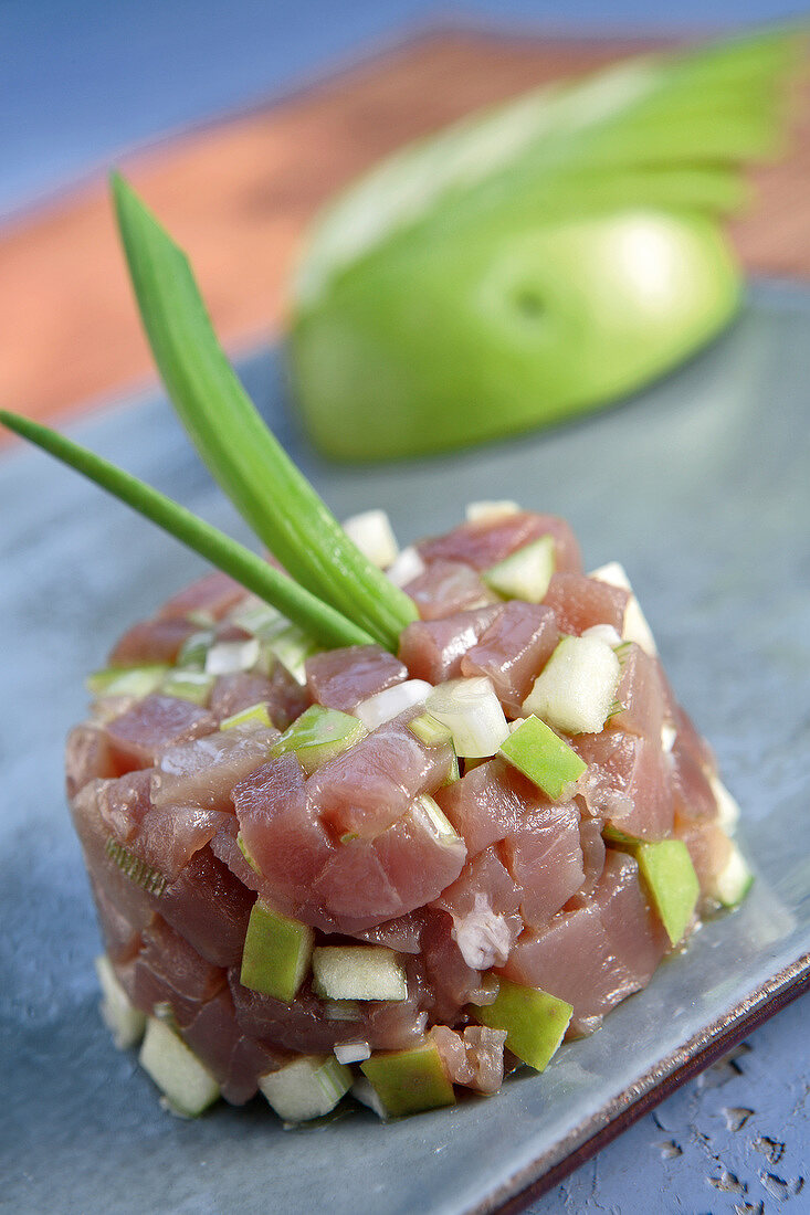 Bonito ,green apple and baby leek Tartare