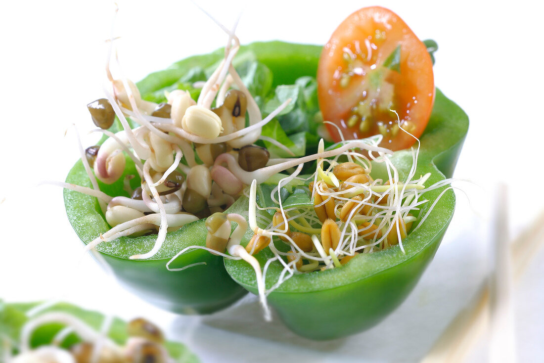 Raw green pepper stuffed with shoots