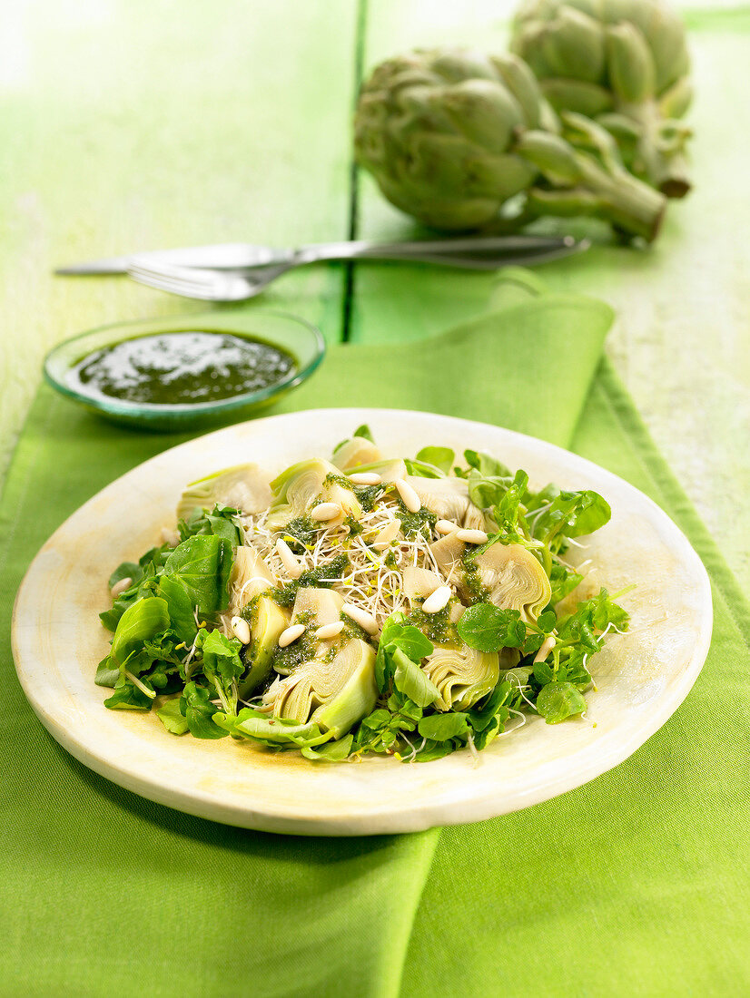 Artichoke salad with ginger and pine nut pesto