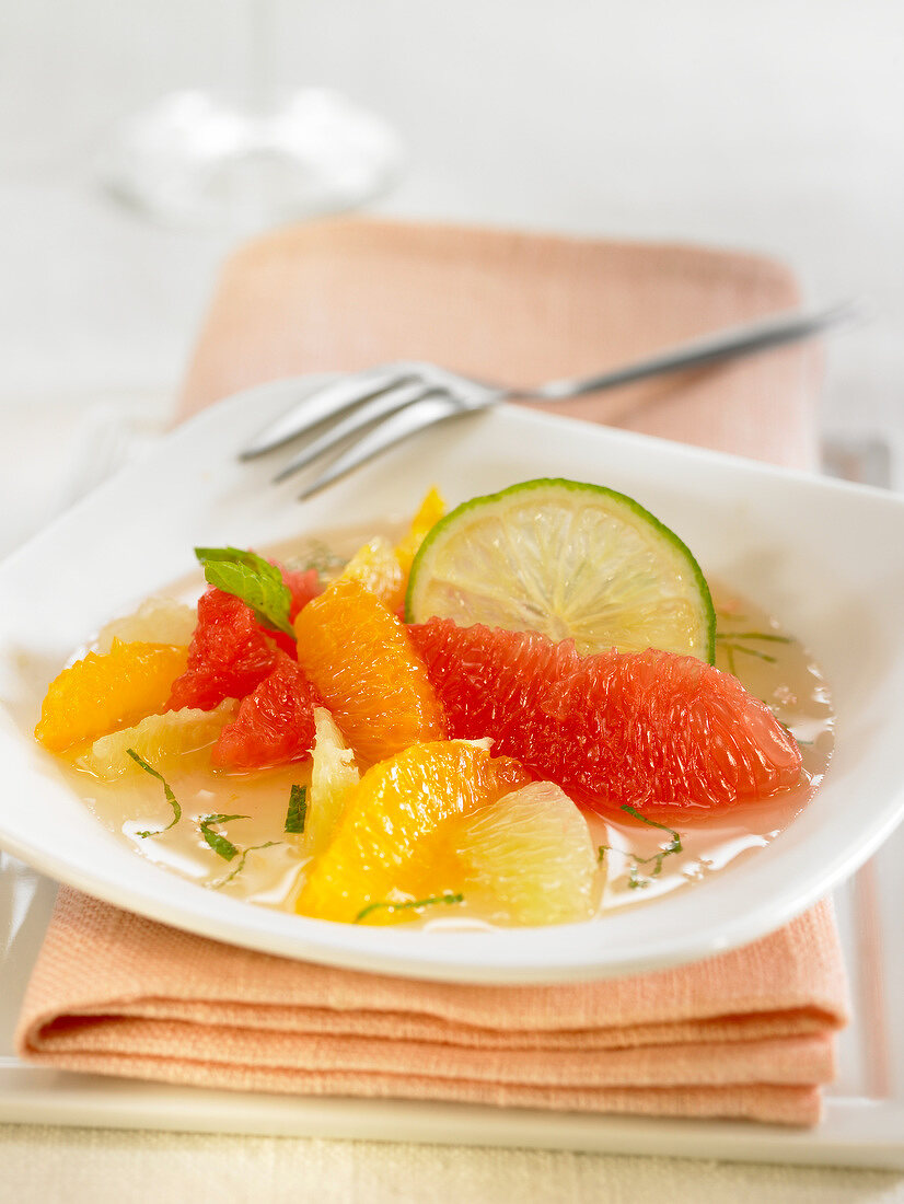 Citus fruit salad with mint syrup