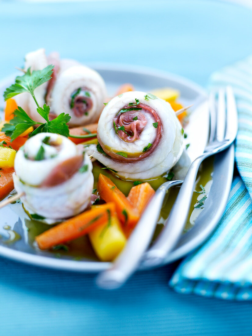 Sole and raw ham Goujonnettes with crisp vegetables