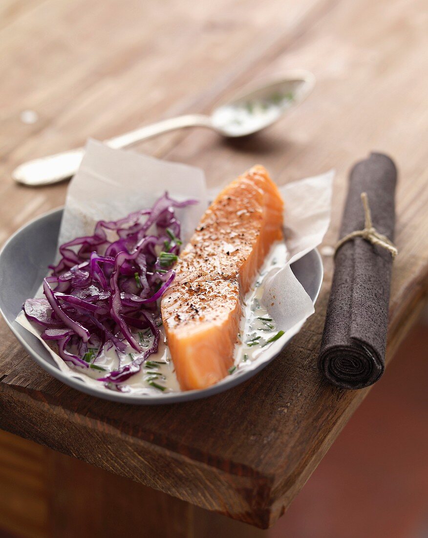Salmon and red cabbage salad,cream and chive sauce