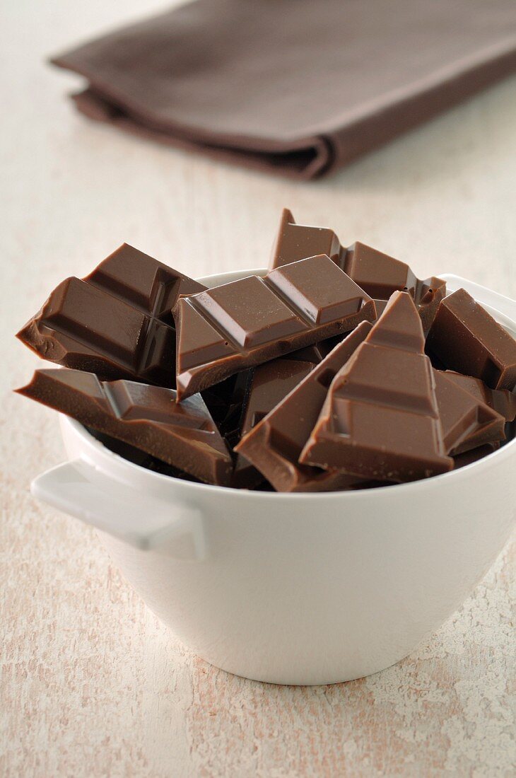 Squares of chocolate in a bowl