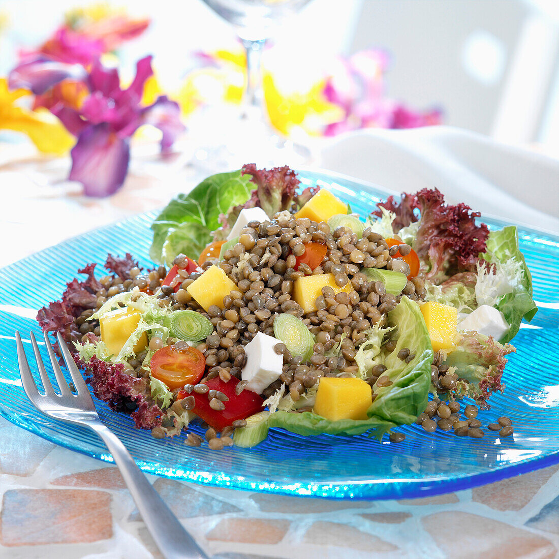 Lentil,mango,cheese and pepper salad