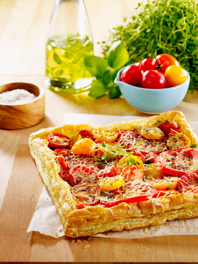 Red and yellow tomato flaky pastry tart