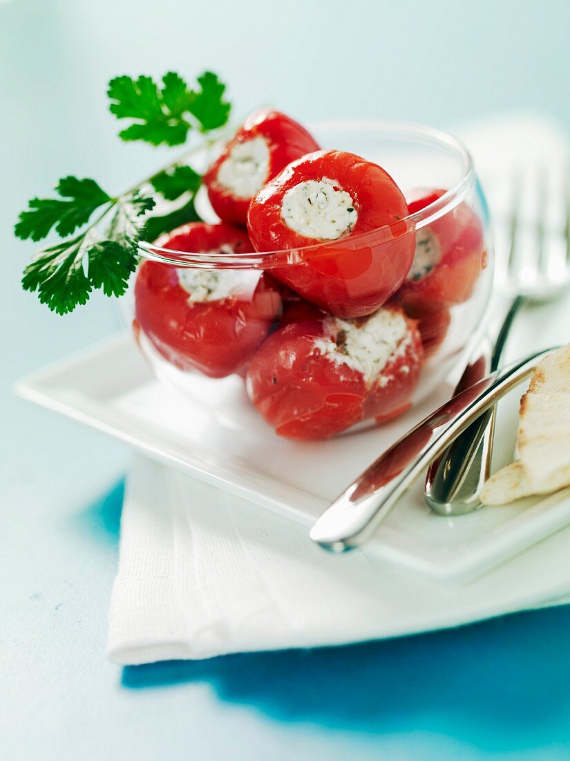 Red peppers stuffed with cream cheese