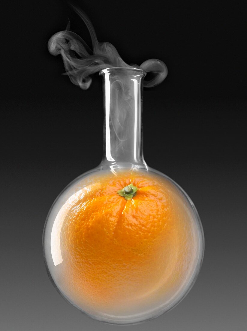 Orange in a glass chemical testing bottle