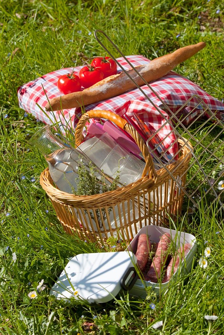 Picnic basket in the grass and meat to be barbecued