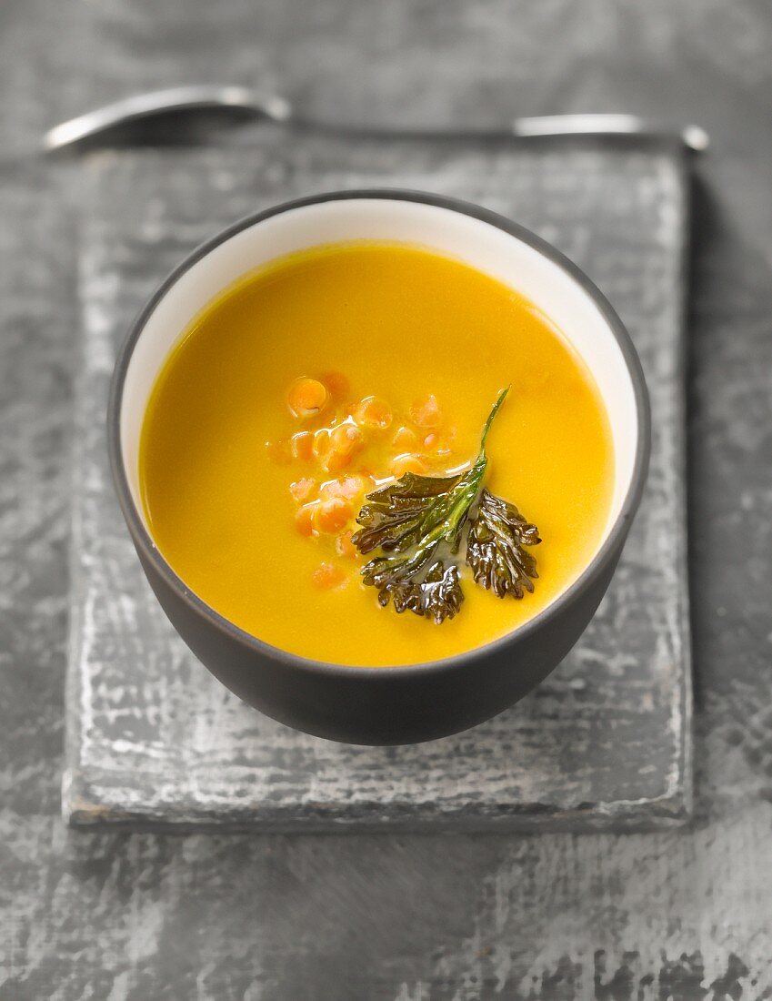 Creamed sweet potato and orange lentil soup with fried coriander