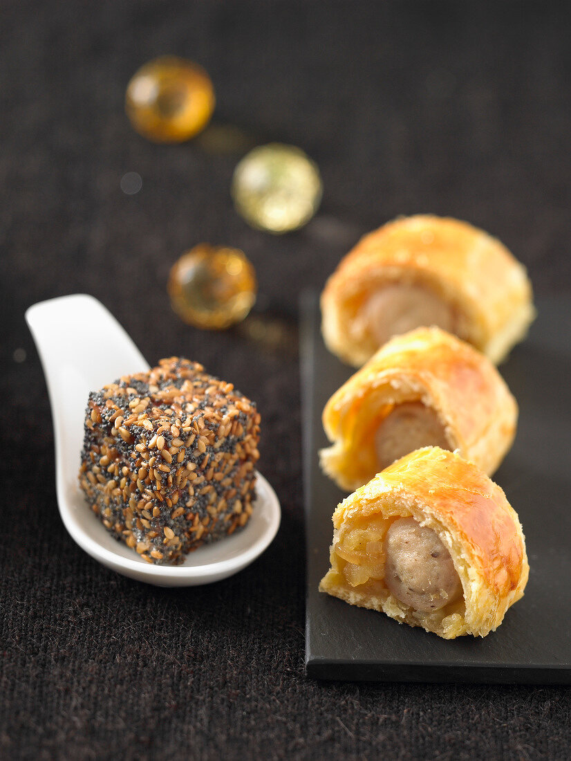 White sausage flaky pastry rolls,ham cube coated with seeds