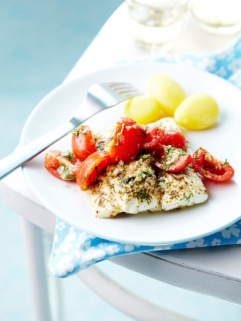 Fish fillet with tomatoes and dill