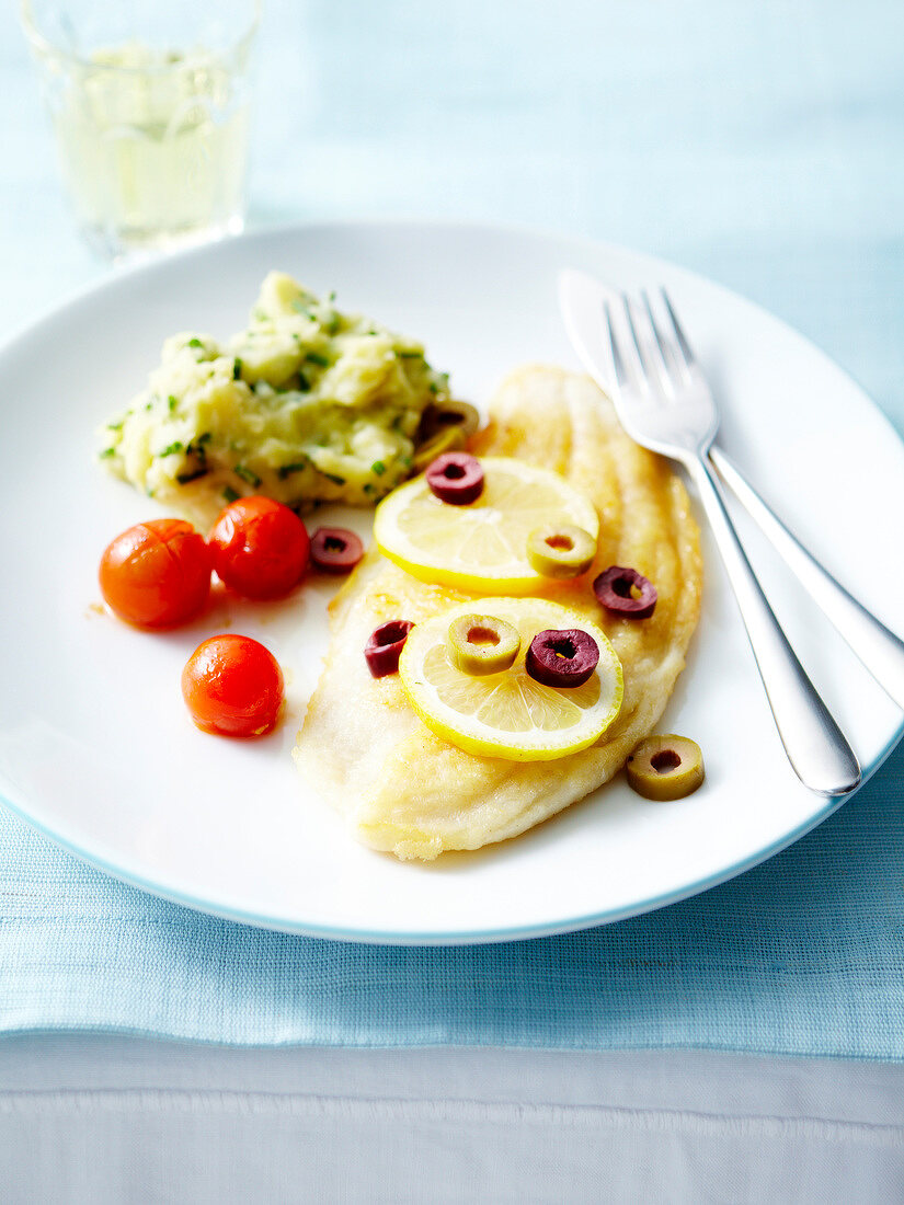 Fillet of sole with lemon,olives and mashed potatoes with chives