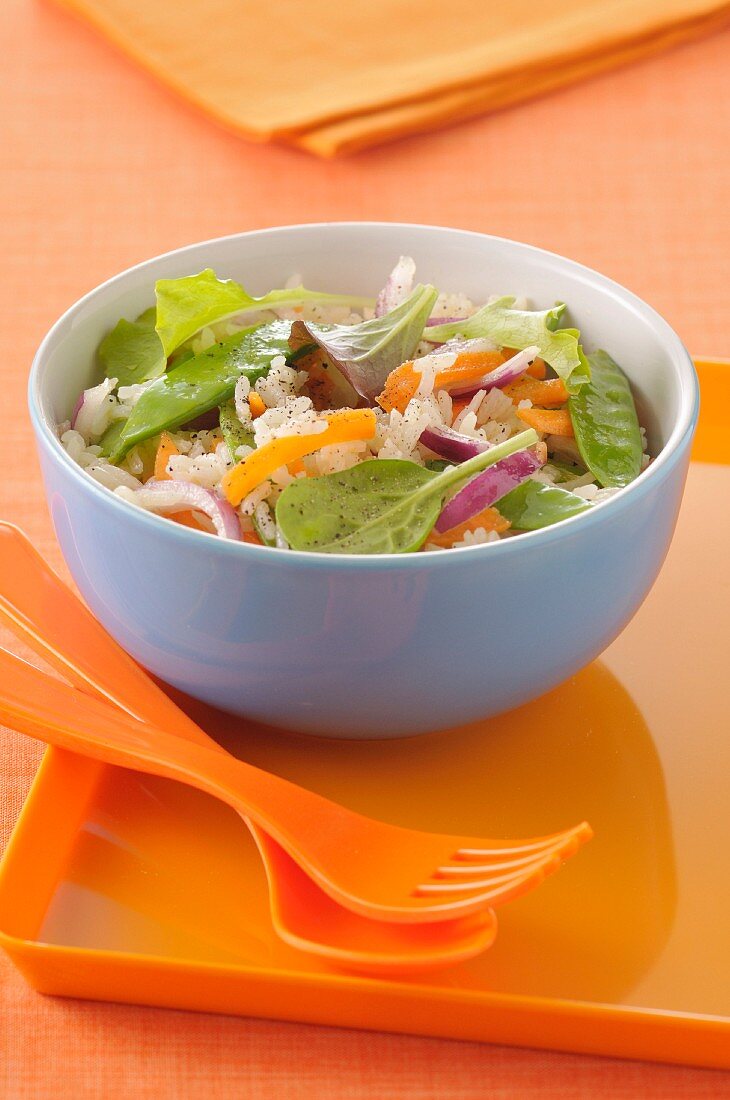Long grain rice,sugarpea,crunchy carrot and mesclun salad