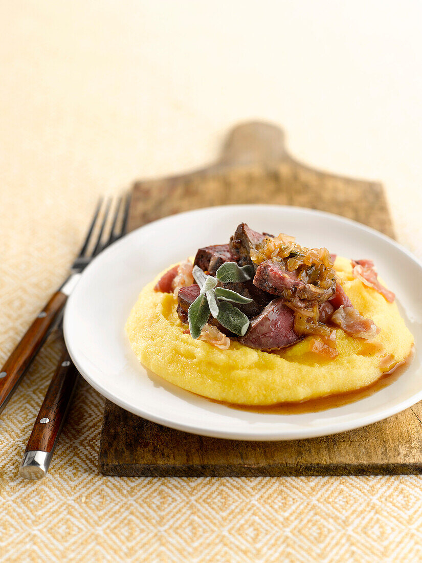 Chicken livers with Marsala sauce and polenta