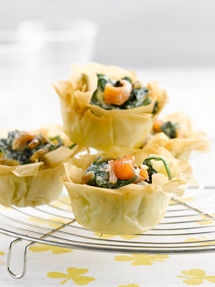 Spinach and smoked salmon filo pastry tartlets