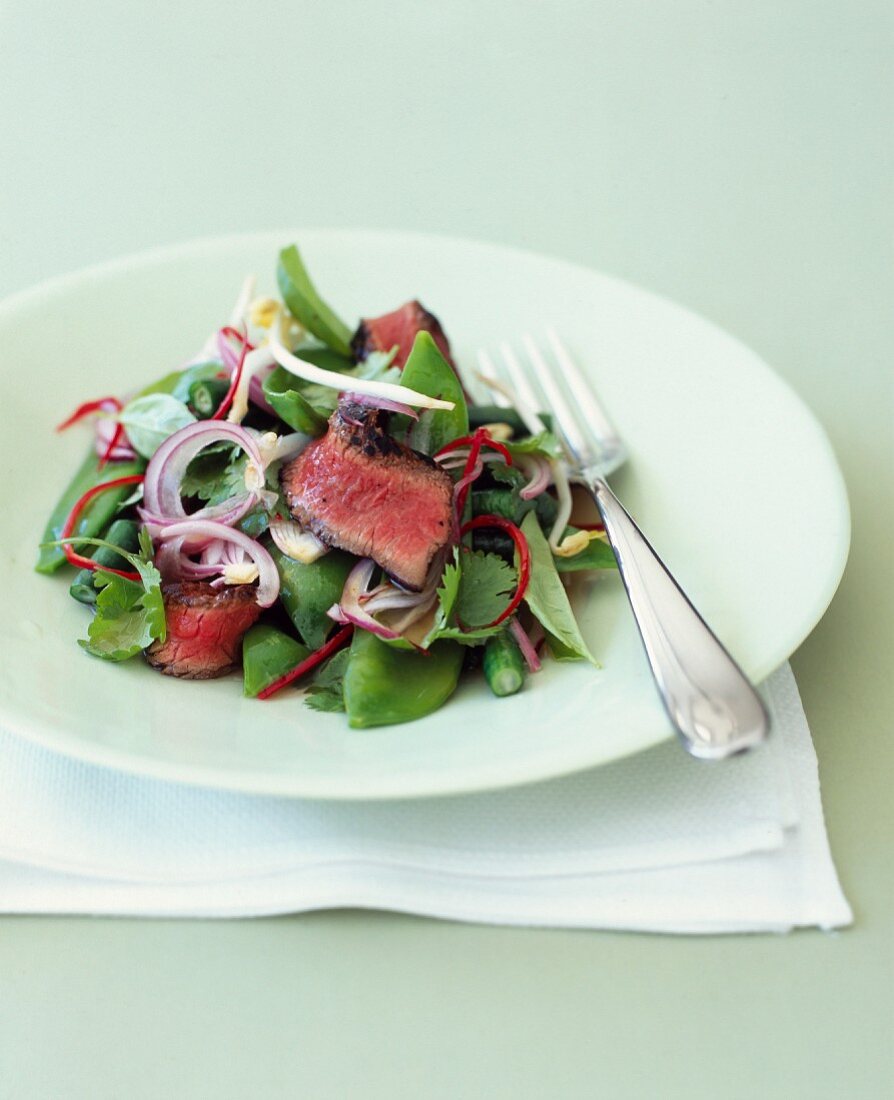 Salat mit Zuckerschoten, grünen Bohnen und Rindfleischstreifen