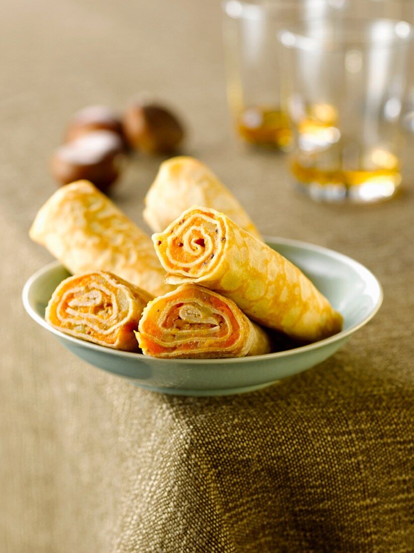 Chestnut,carrot and Pastis rolled pancakes