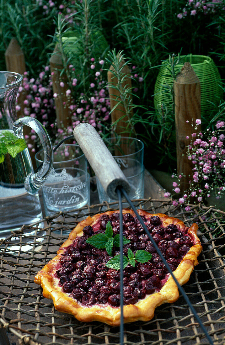 Cherry tart with fresh mint