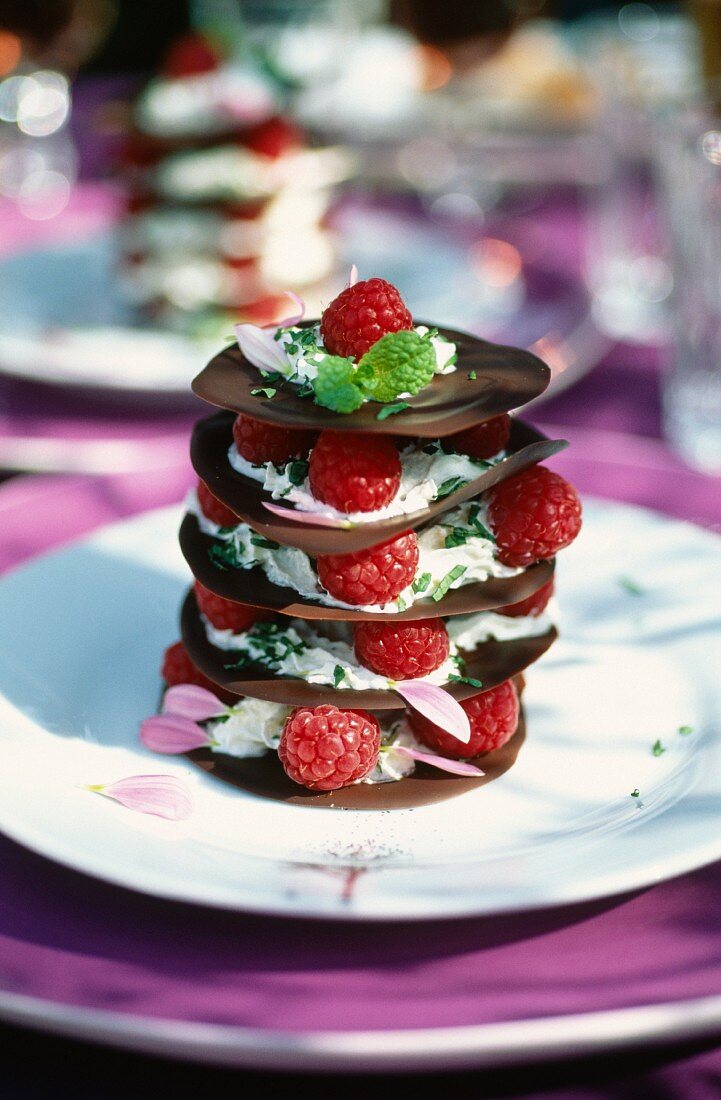 Chocolate,whipped cream and raspberry Mille-feuille