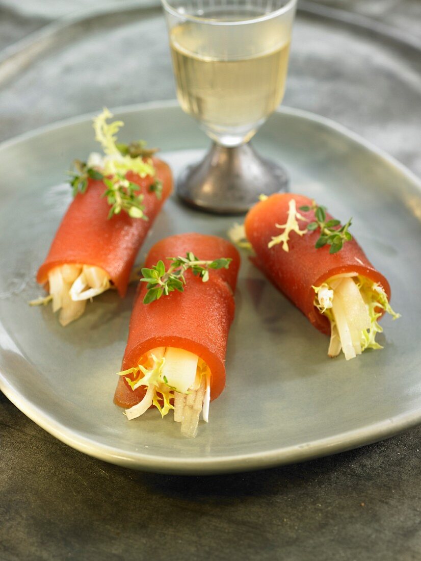 Quince paste cannellonis stuffed with pear,manchego and endive