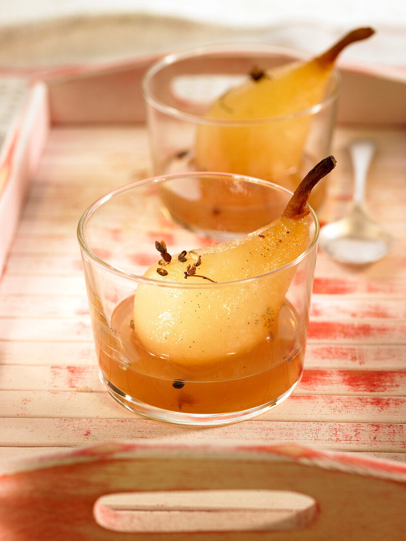 Poached pears with Moscato and Sechuan pepper sauce