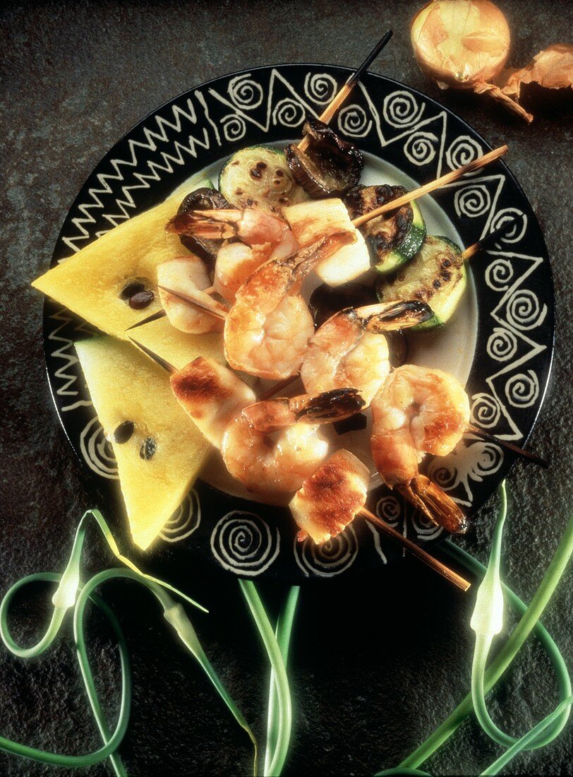 Shrimp Satay: grilled shrimp and vegetables with yellow watermelon