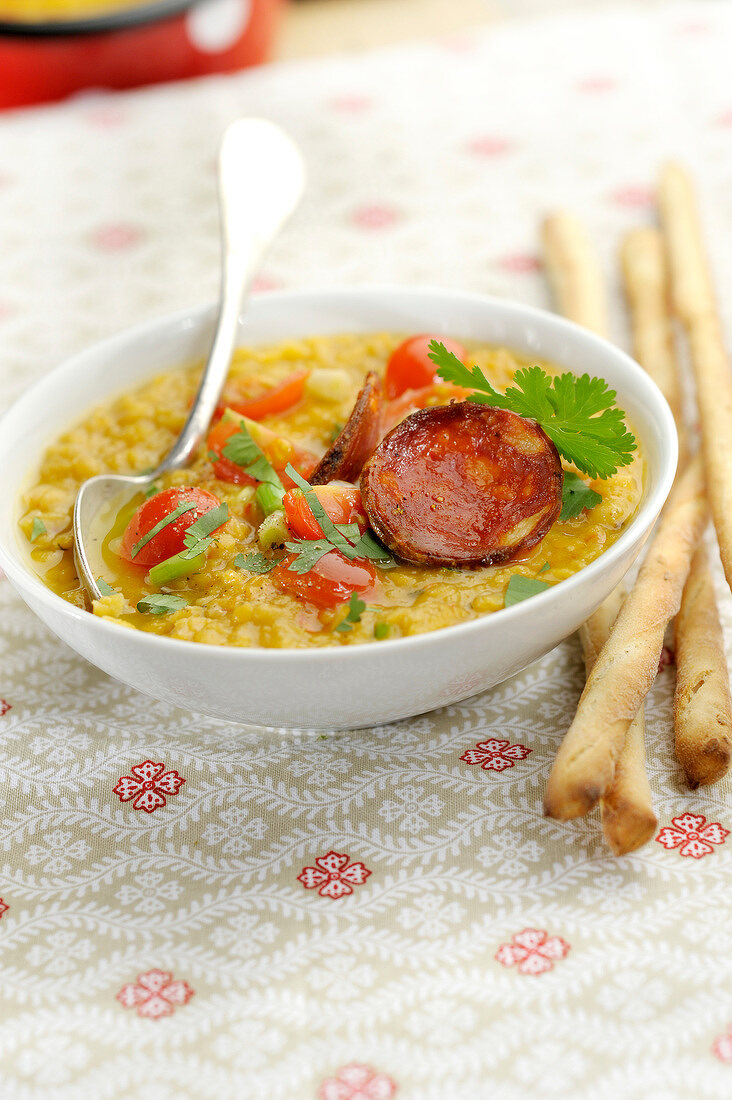 Lentil soup with tomatoes and chorizo