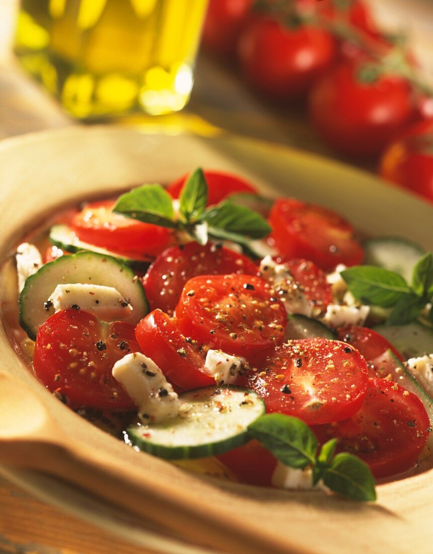 Tomato,mozzarella,basil and cucumber salad