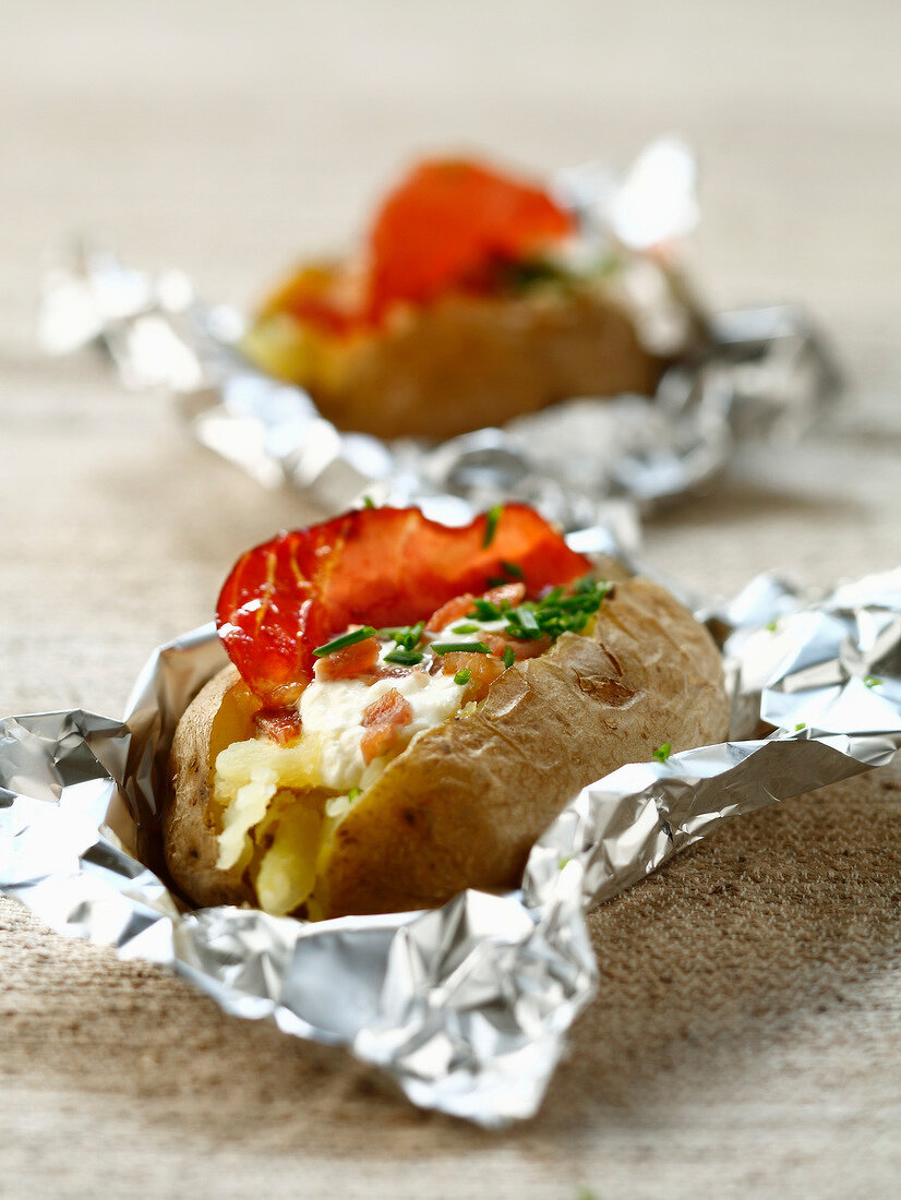 Baked potatoes with bacon and chives