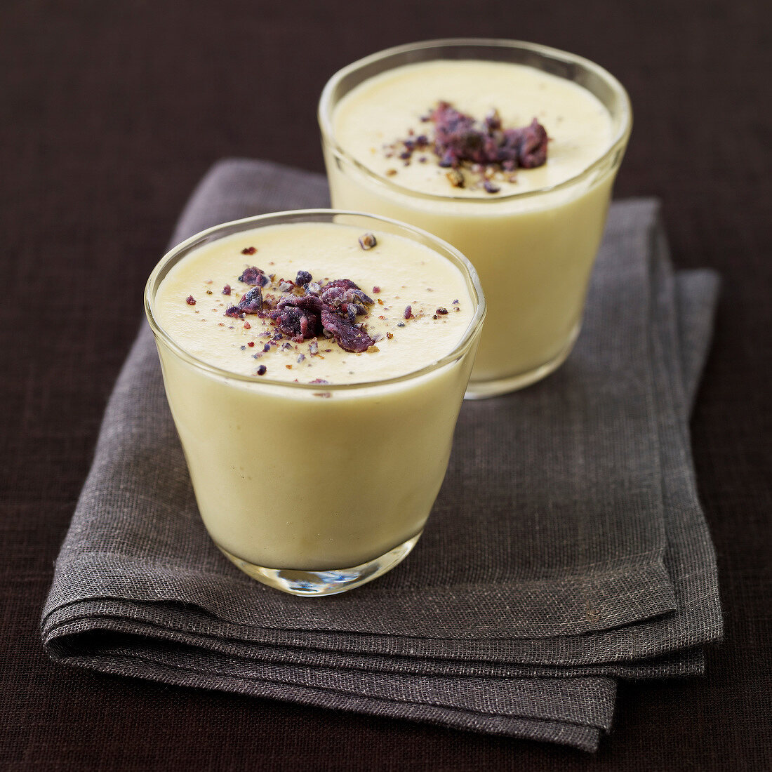 White chocolate mousse with crushed sugar violets