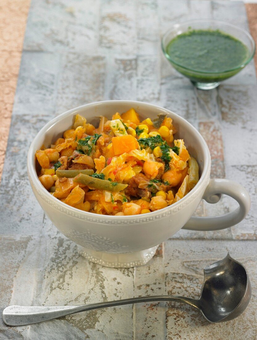 Puchero from The Canary Islands with chickpeas , sweet corn, red pepper and kombo seaweed