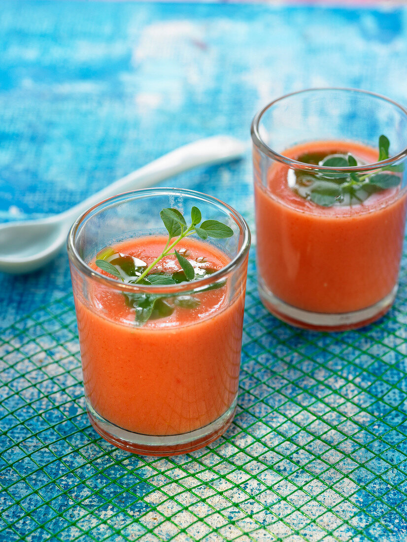 Tomato and watermelon red gaspacho with basil