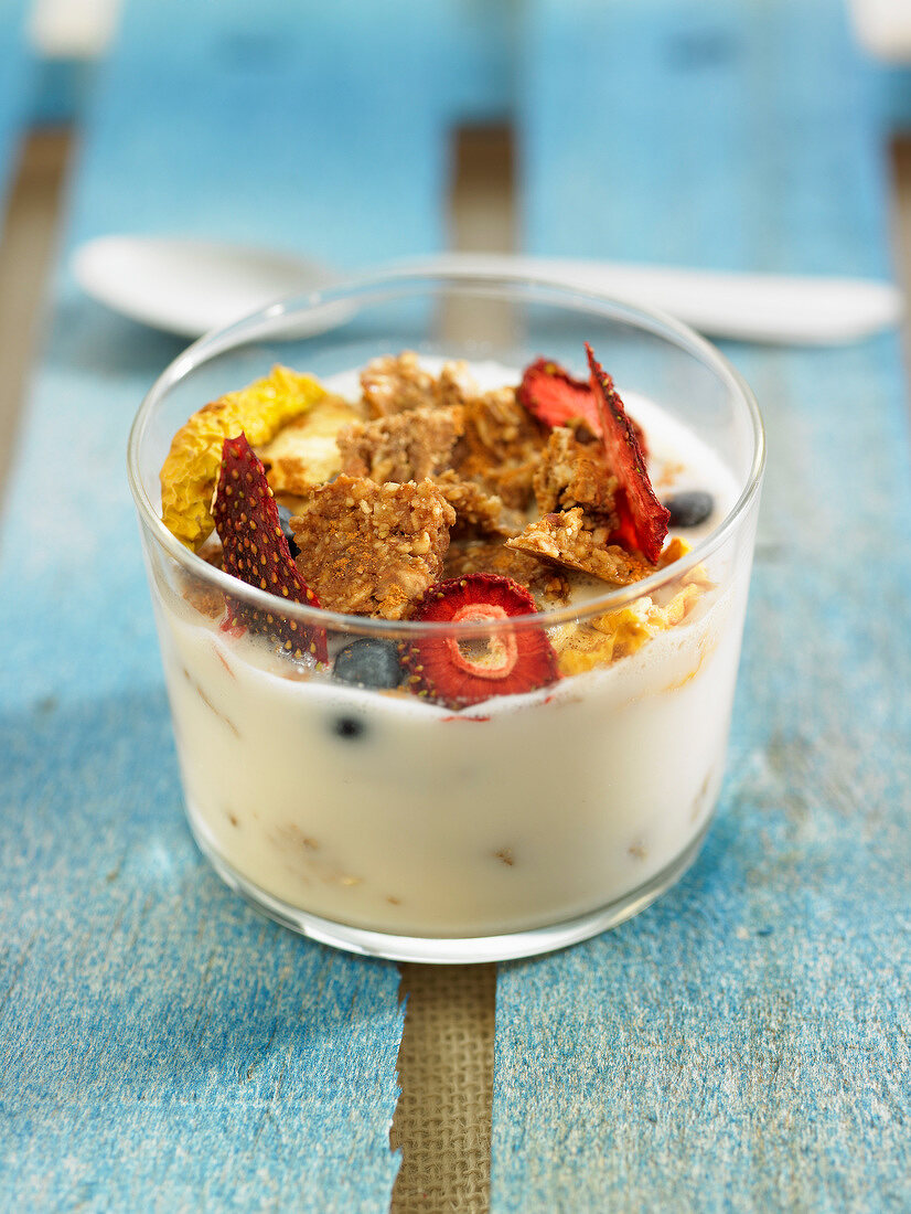 Almond milk with cereals and dried fruit