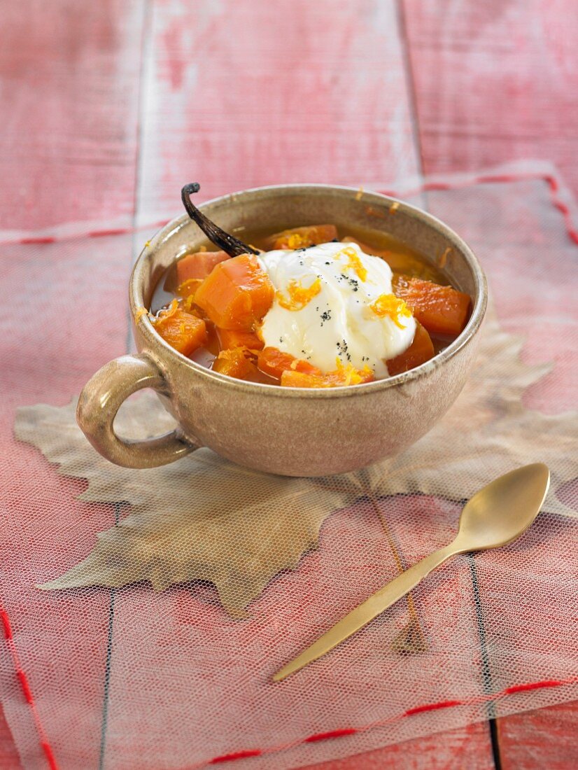 Stewed quince, carrots and orange with vanilla yoghurt