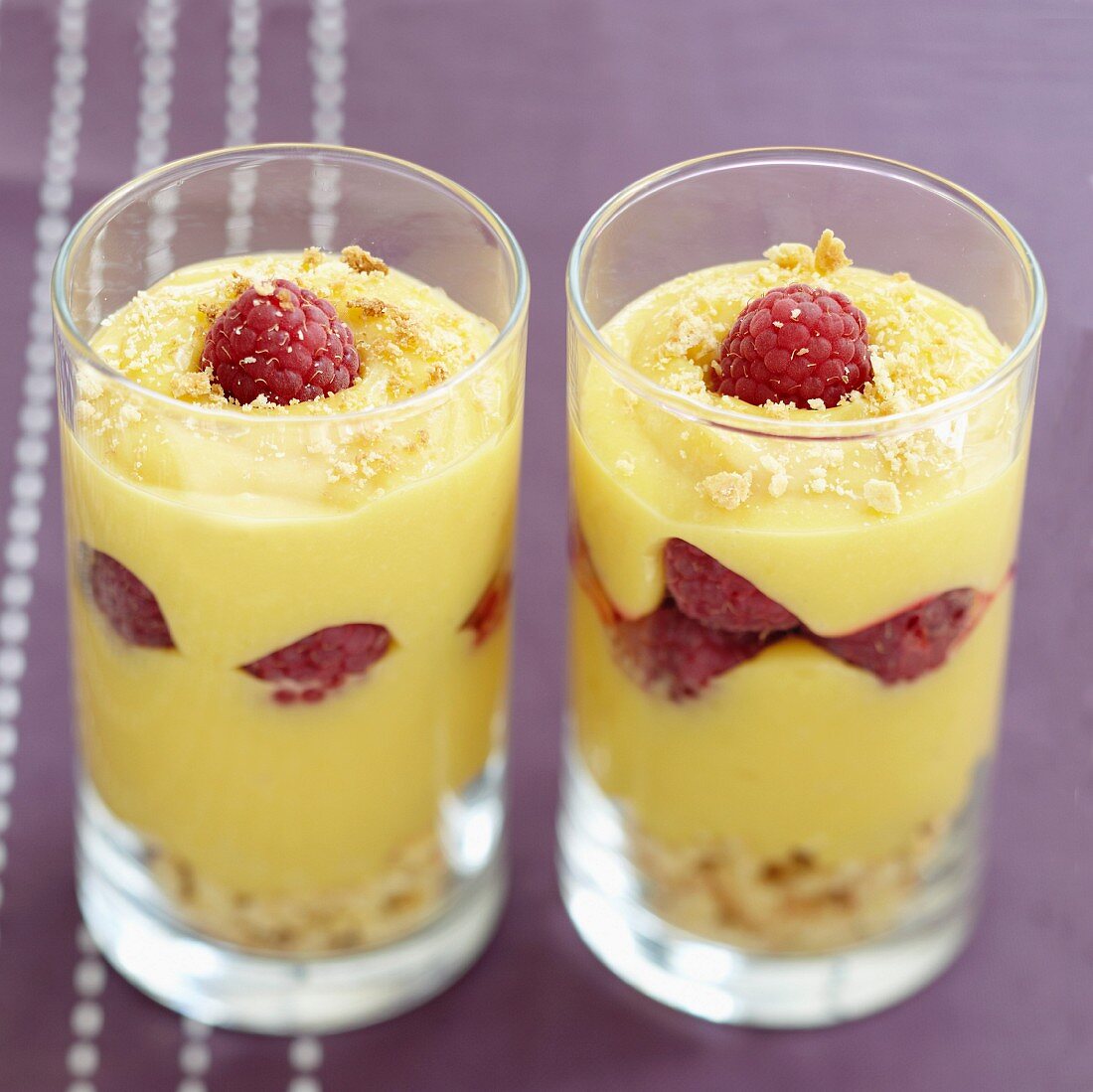 Lemon cream dessert with raspberries