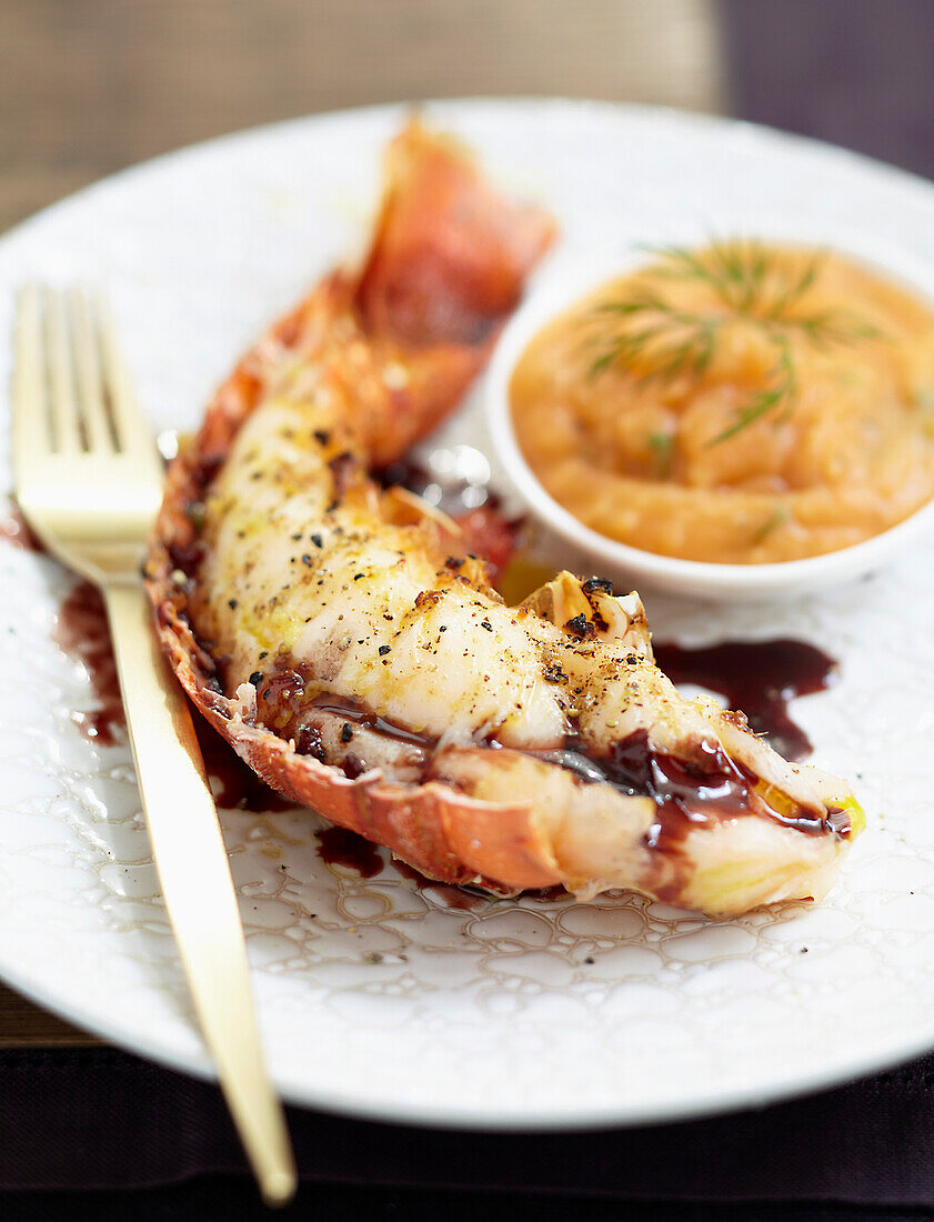 Spiny lobster with Banyuls and ginger sauce,tomato puree