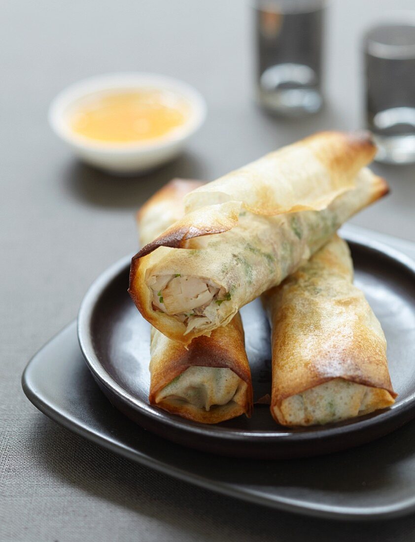 Nems (fried spring rolls, Vietnam) with chicken and herbs, sweet and sour