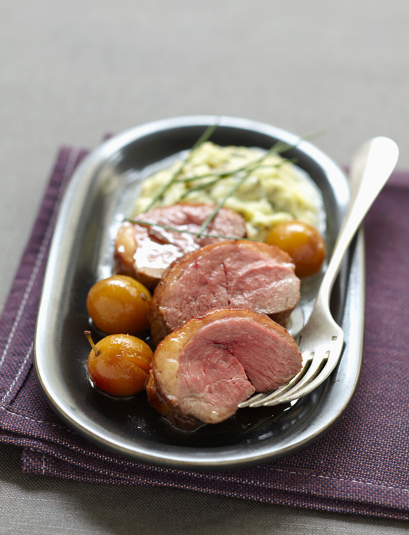 Roast duck breast with mirabelle plums