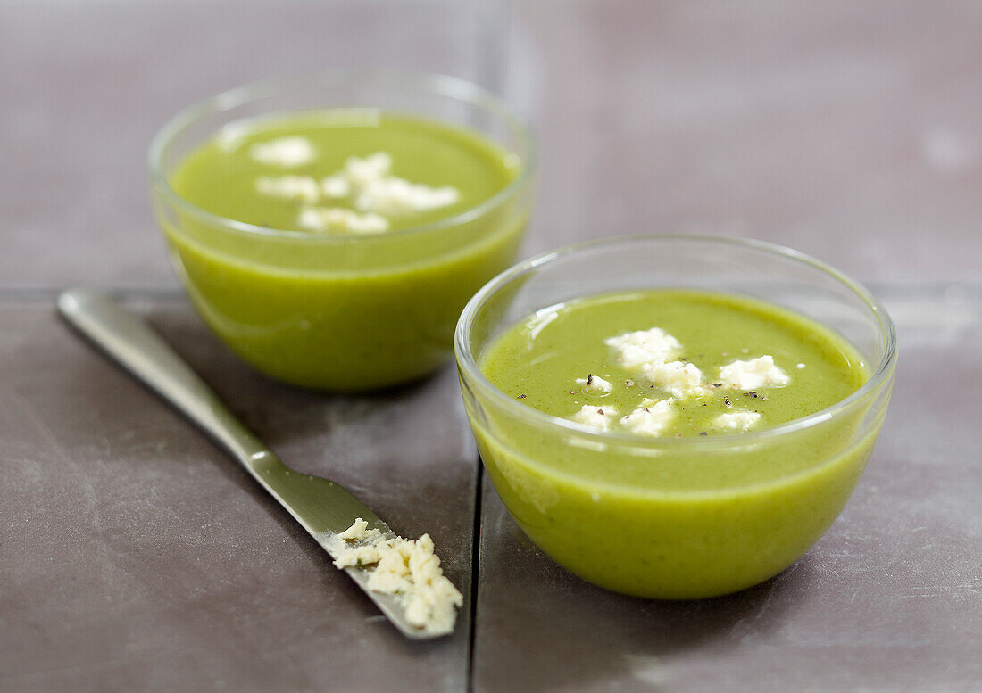 Cream of broccoli soup with crumbled feta